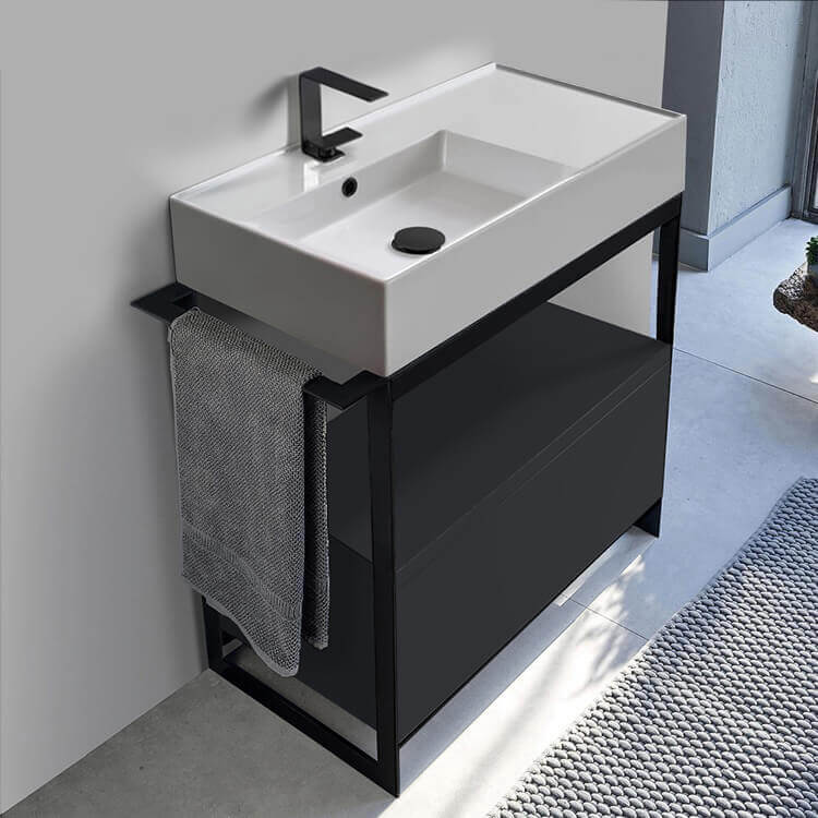 Console Bathroom Vanity, Scarabeo 5115-SOL1-49-One Hole, Console Sink Vanity With Ceramic Sink and Matte Black Drawer